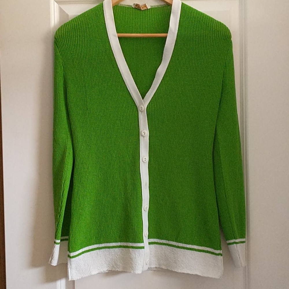 Vintage Green-and-White Sporty Cardigan